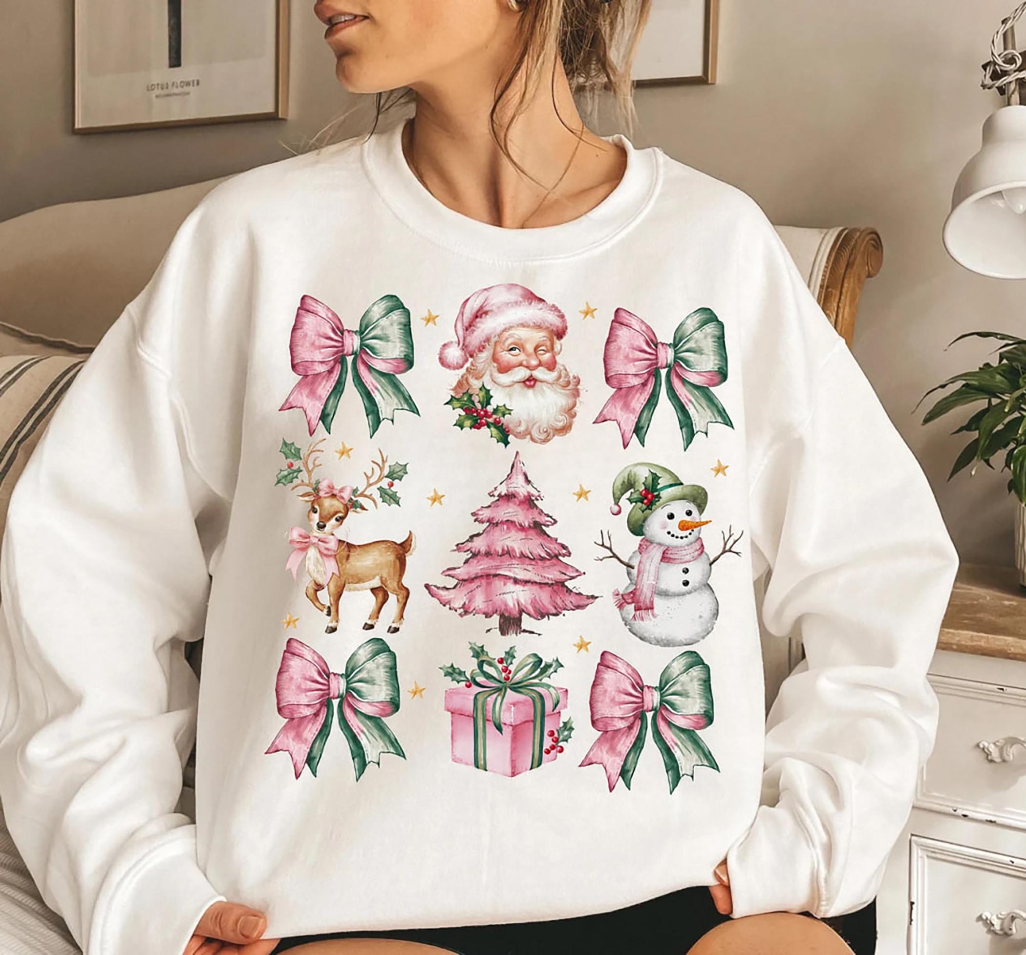 Coquette Pink Santa Claus Sweatshirt Pink Bow Christmas Tee Shirt Pink Christmas Sweater Holiday Santa Claus T-Shirt Holiday Gift